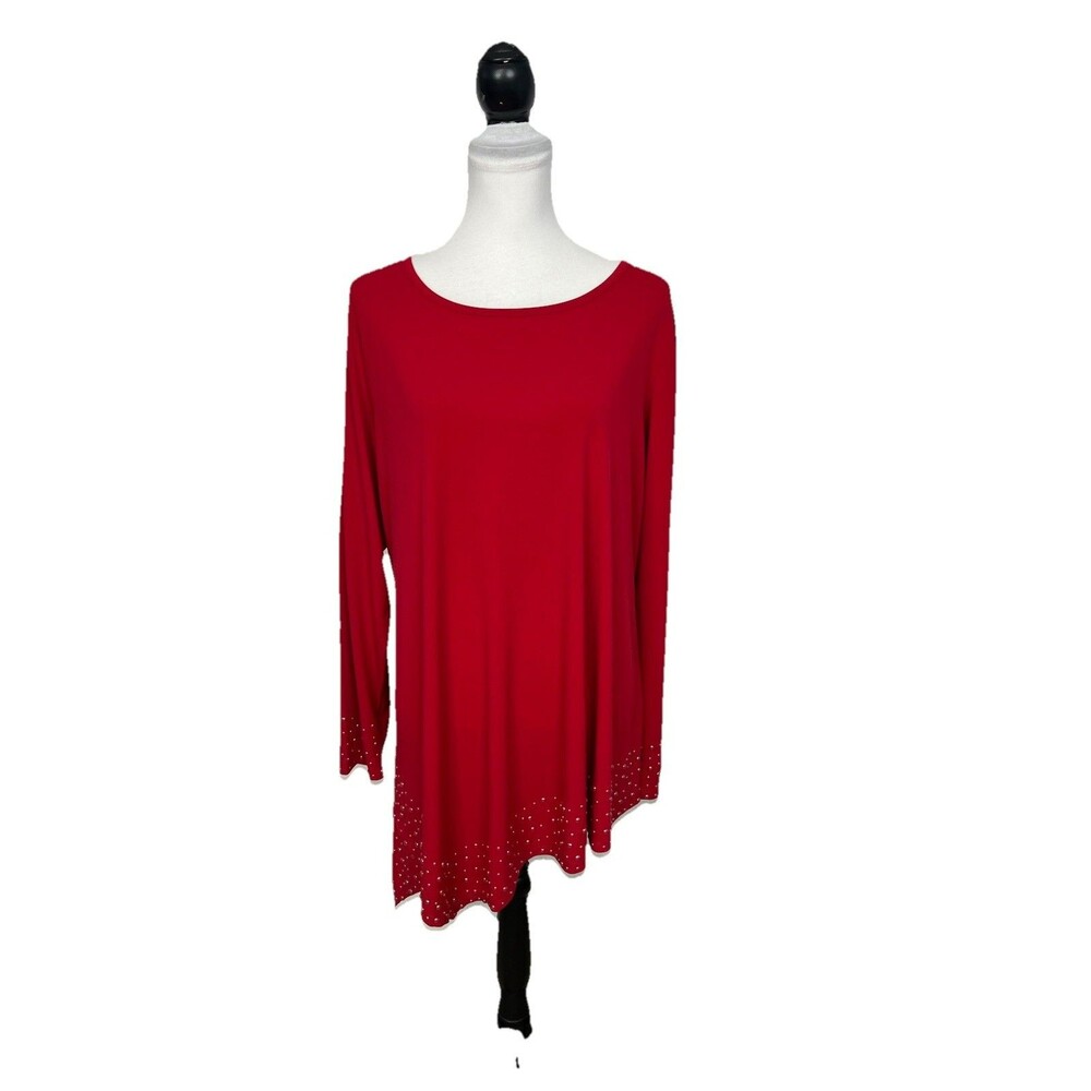 ASHRO Blouse Plus Size 1X Red Beaded Beads Tunic Top Asymmetrical Party